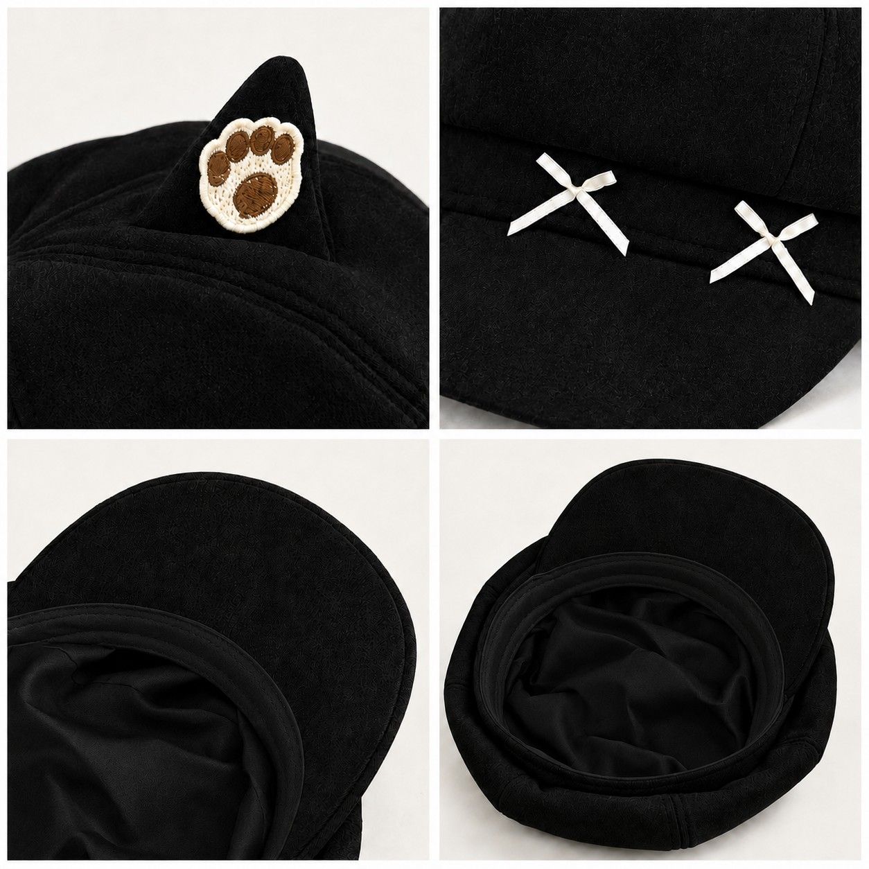 Cat Ear Newsboy Cap Cute Baker Boy Hat Bow Detail Short Brim Casual Style