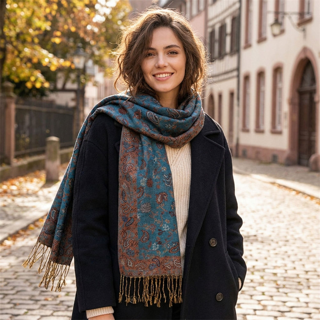 Paisley Scarf with Fringe Trim Soft Wrap Shawl 75*27.5 Inches