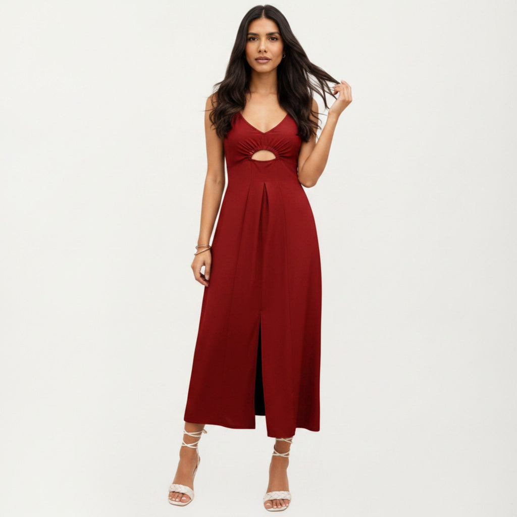 Anna-Kaci Women's Sleeveless Maxi Dress with Cutout Front and Smocked Back
