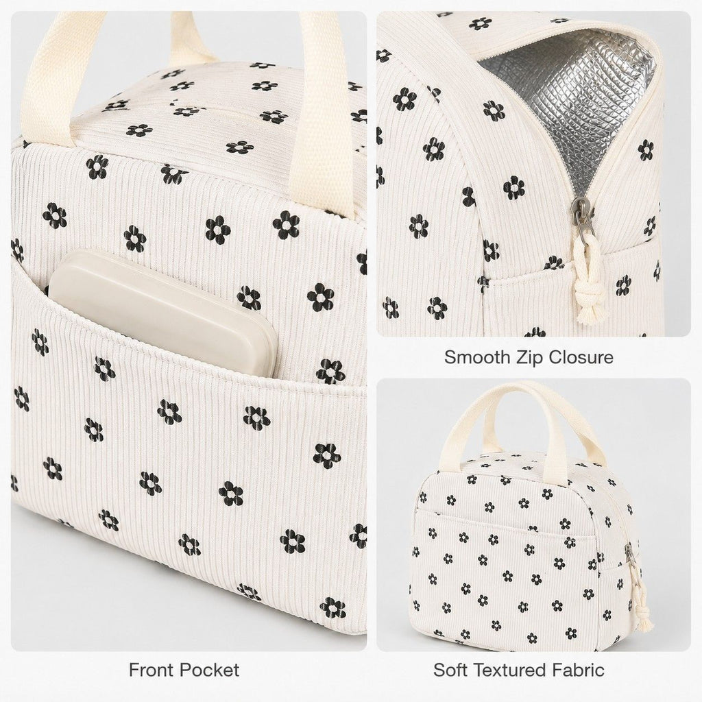 Floral Corduroy Insulated Lunch Tote Bag with Front Pocket and Zip Closure