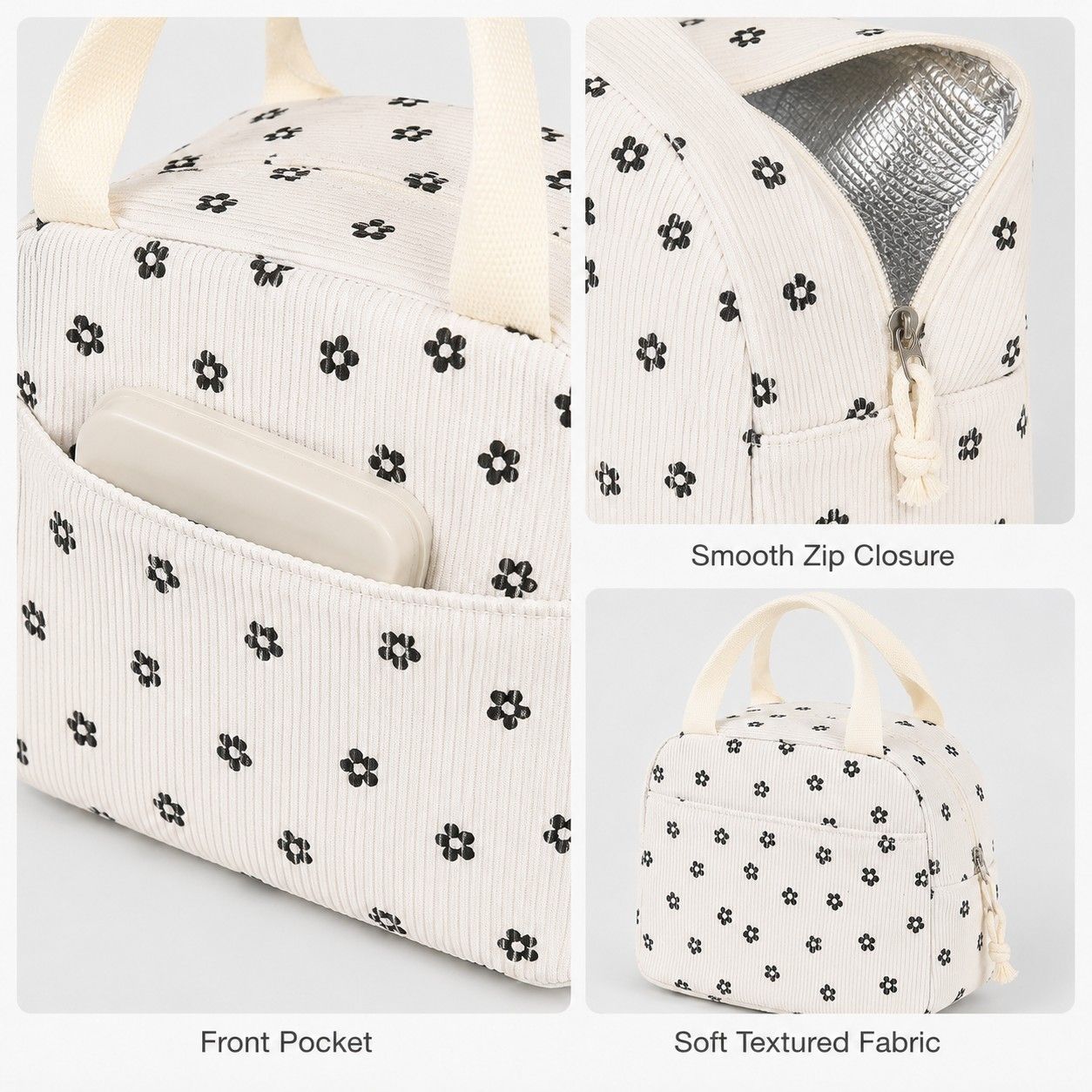 Floral Corduroy Insulated Lunch Tote Bag with Front Pocket and Zip Closure