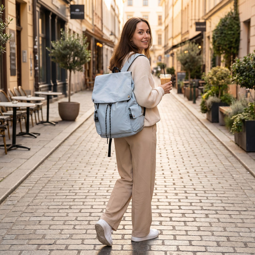 Canvas Flap Backpack with Drawstring Closure Side Pockets and Adjustable Shoulder Straps