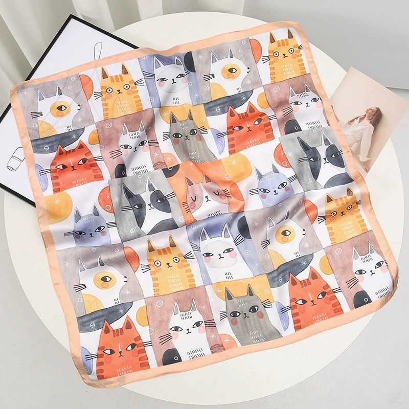 Anna-Kaci Women's Square Cat Print Silk Feel Satin Scarf Cute Animal Neck Wrap 27.5 Inch