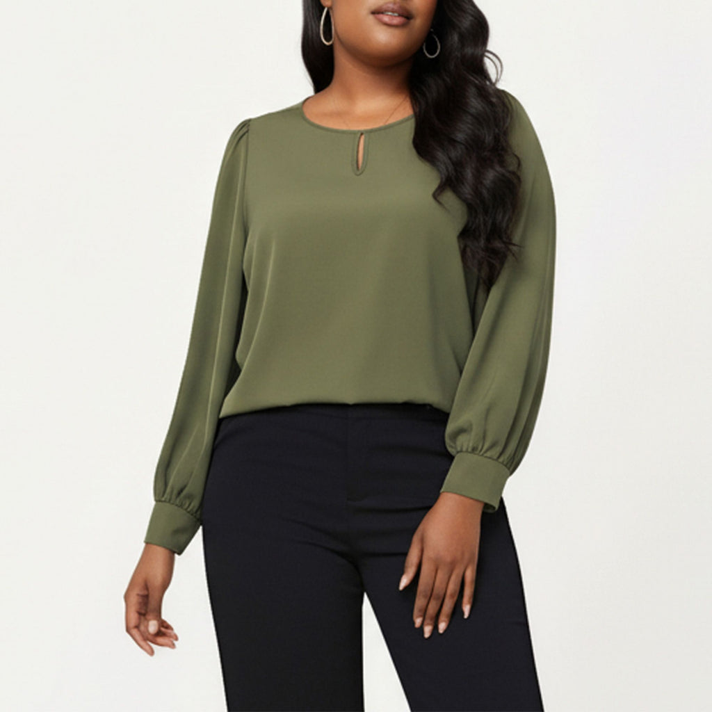 Anna-Kaci Women's Plus Size Long Sleeve Keyhole Neck Pullover Blouse with Soft Draped Fabric and Relaxed Fit