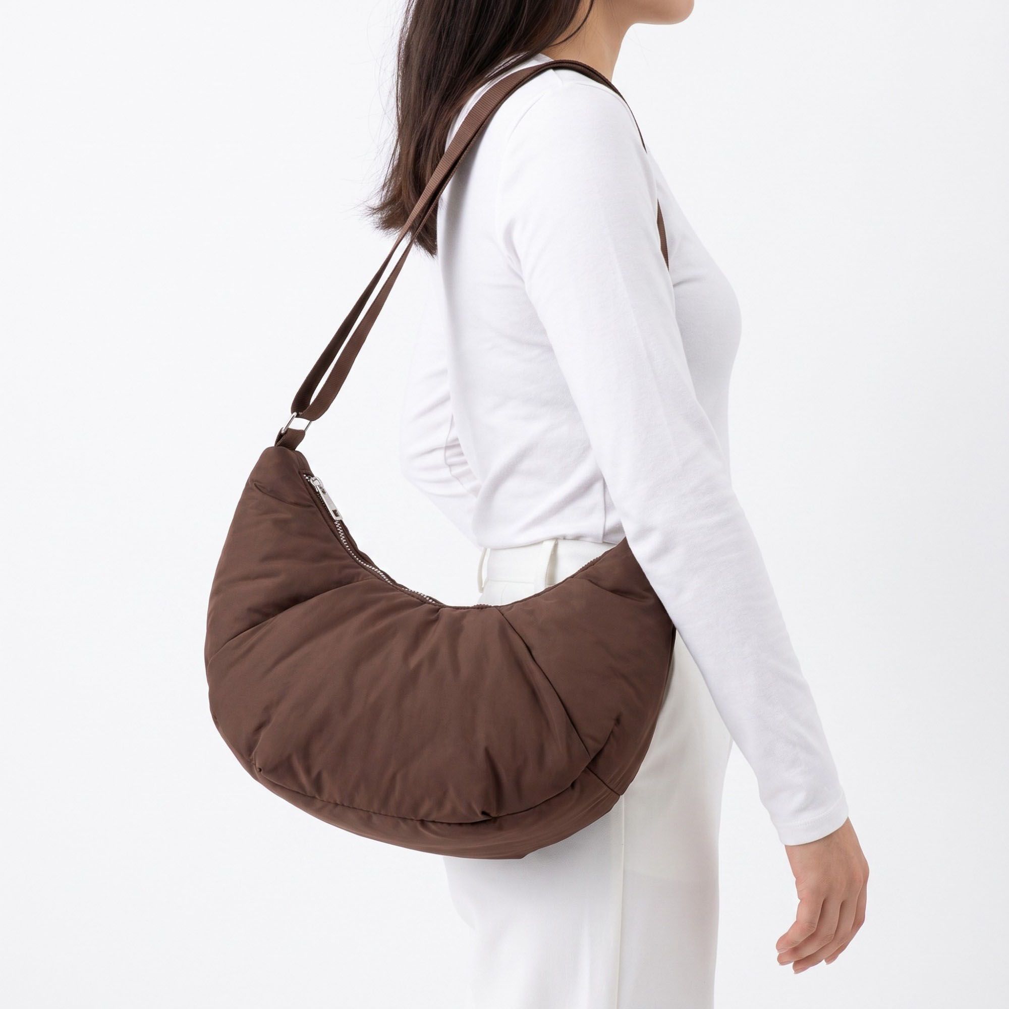 Padded Crescent Shoulder Bag with Wide Strap and Top Zipper Closure 13x7.5x2.5in