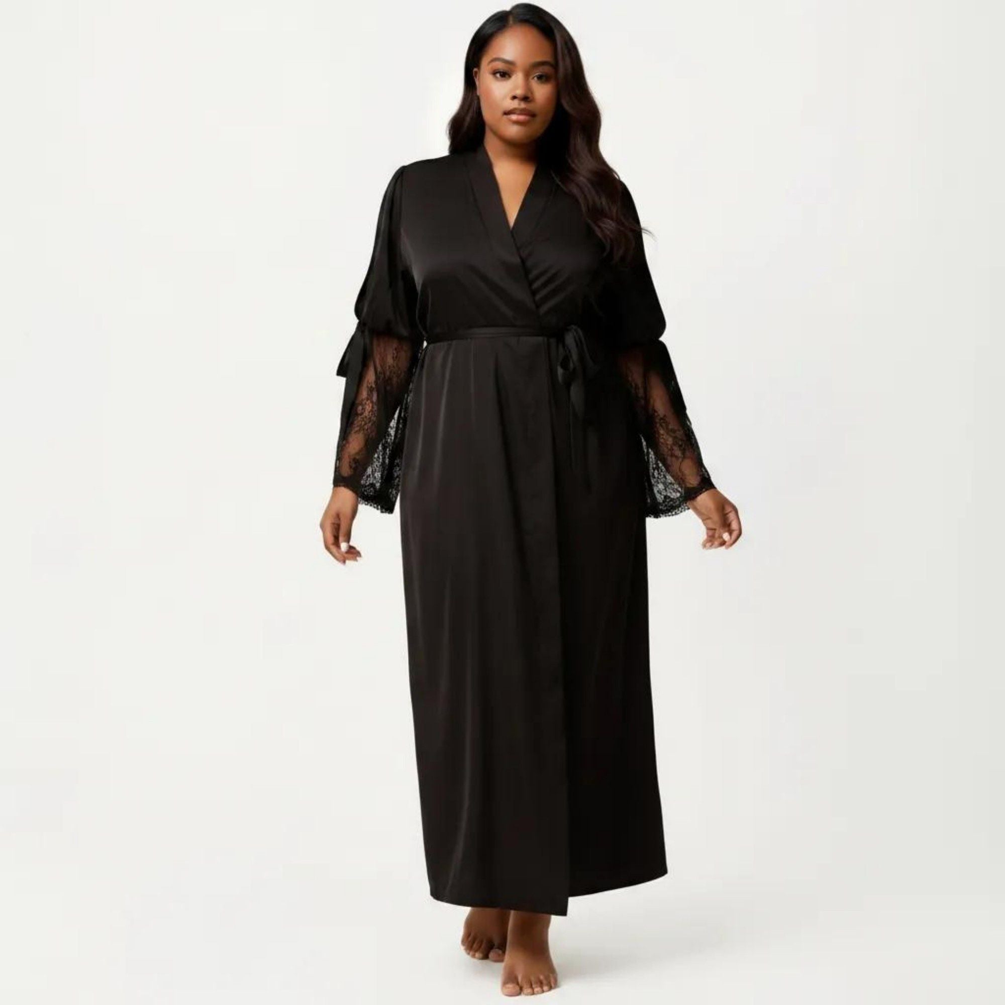 Anna-Kaci Lounge Women's Plus Size Long Satin Robe Lace Sleeve Wrap Nightgown Belted Kimono Sleepwear