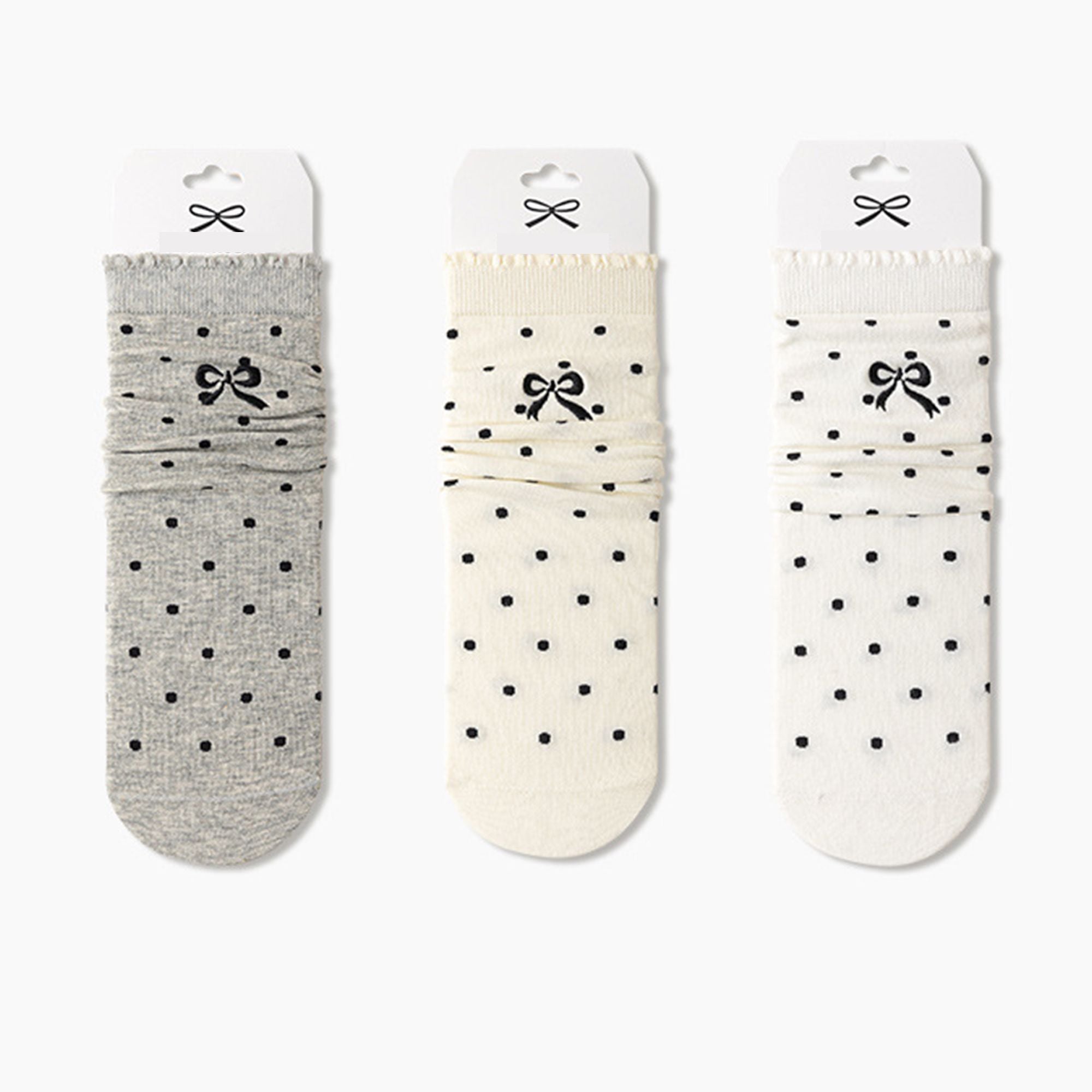 Anna-Kaci 3-Pair Soft Polka Dot Socks with Bow Embroidery and Ruffled Cuff Design