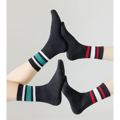 Anna-Kaci Crew Socks 4-Pack White Base Colorful Ribbed Cuff Striped Design Stretch Comfort Breathable Fit