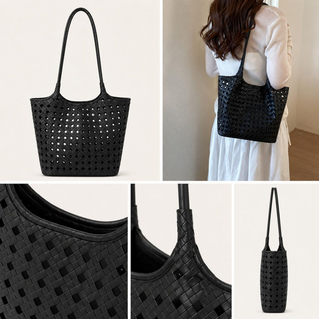 Woven Shoulder Bag with Cutout Design Soft Faux Leather Feel Tote and Inner Pouch