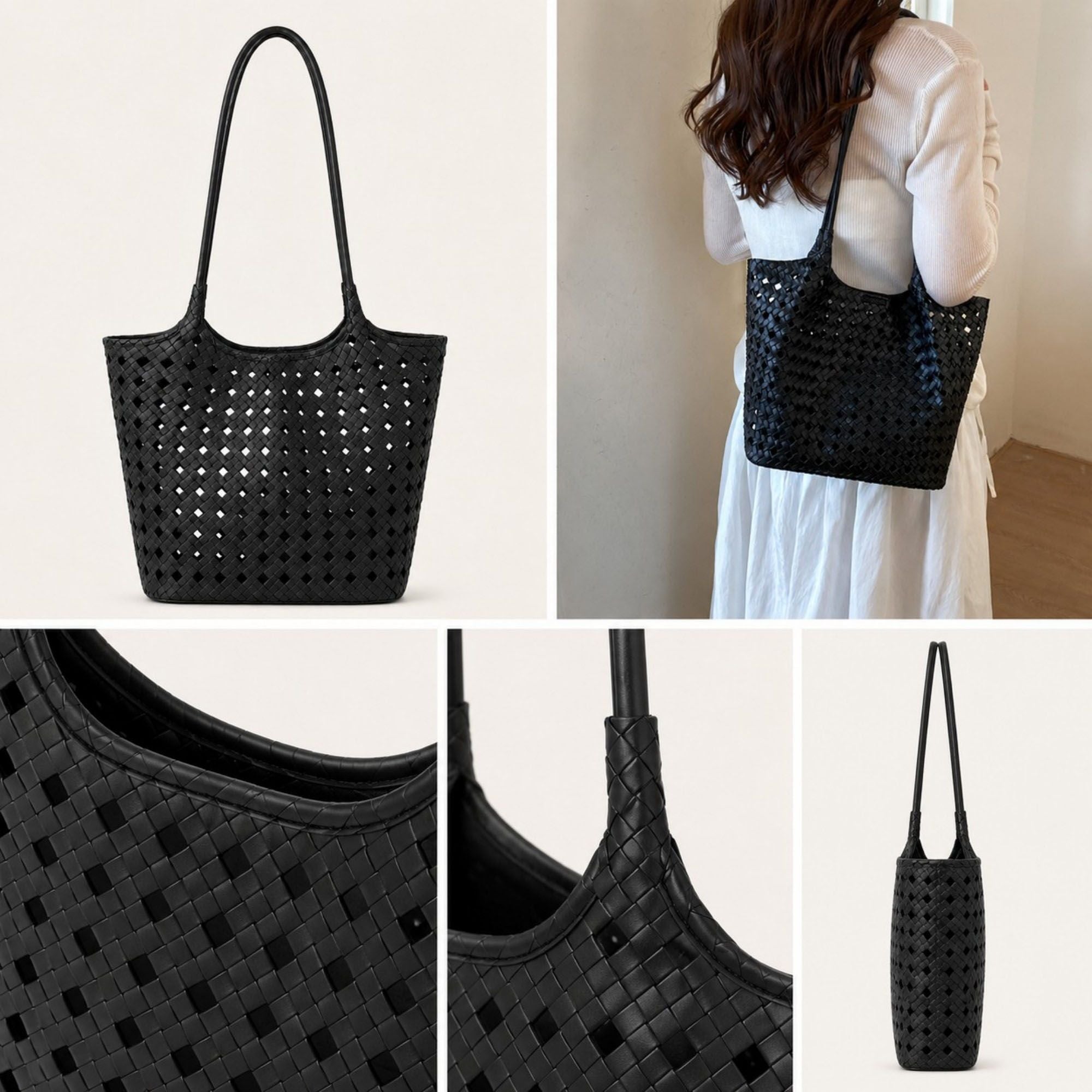 Woven Shoulder Bag with Cutout Design Soft Faux Leather Feel Tote and Inner Pouch