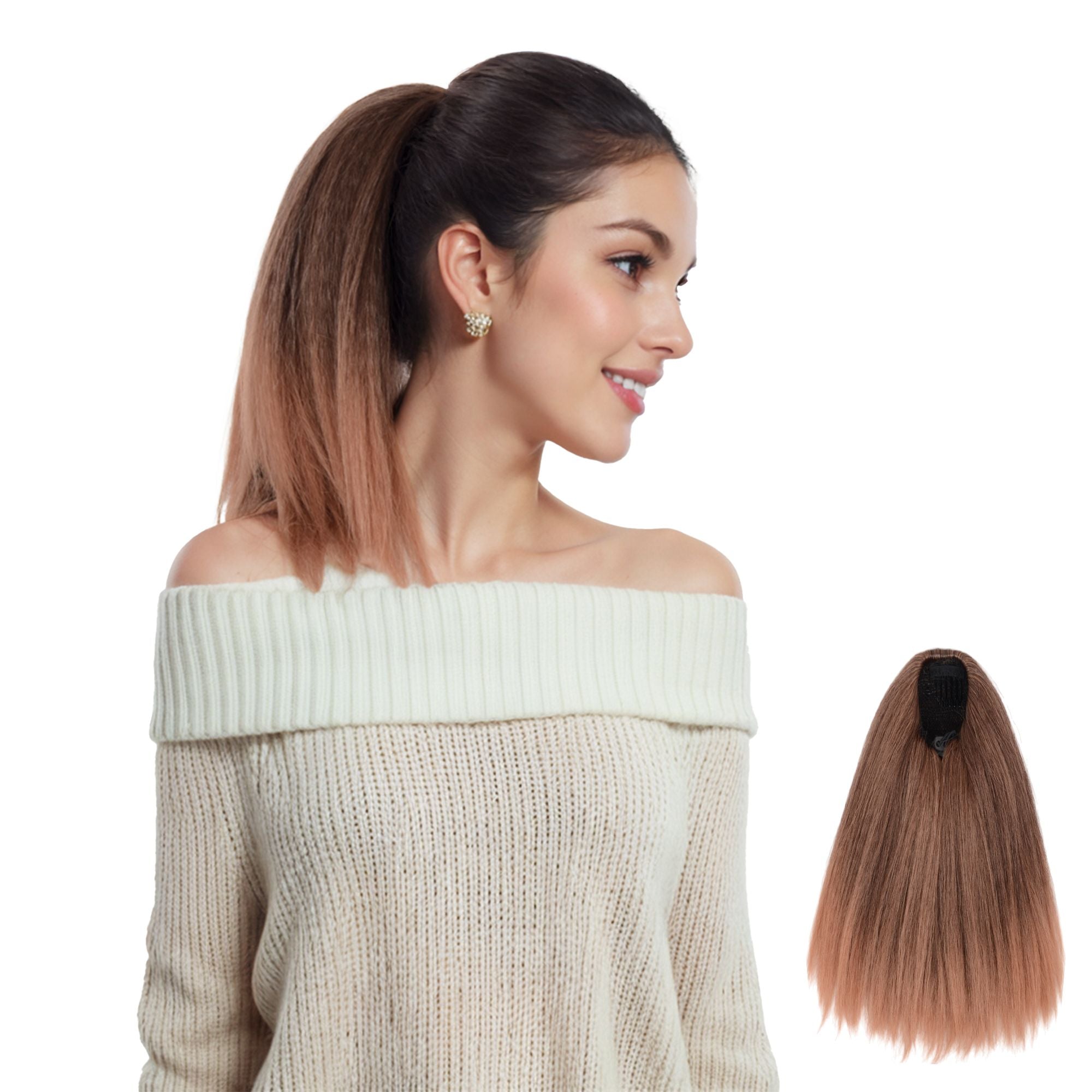 12-Inch Yaki Straight Ponytail Extension Fluffy Thick Drawstring Synthetic Hairpiece with Adjustable Clips for Women