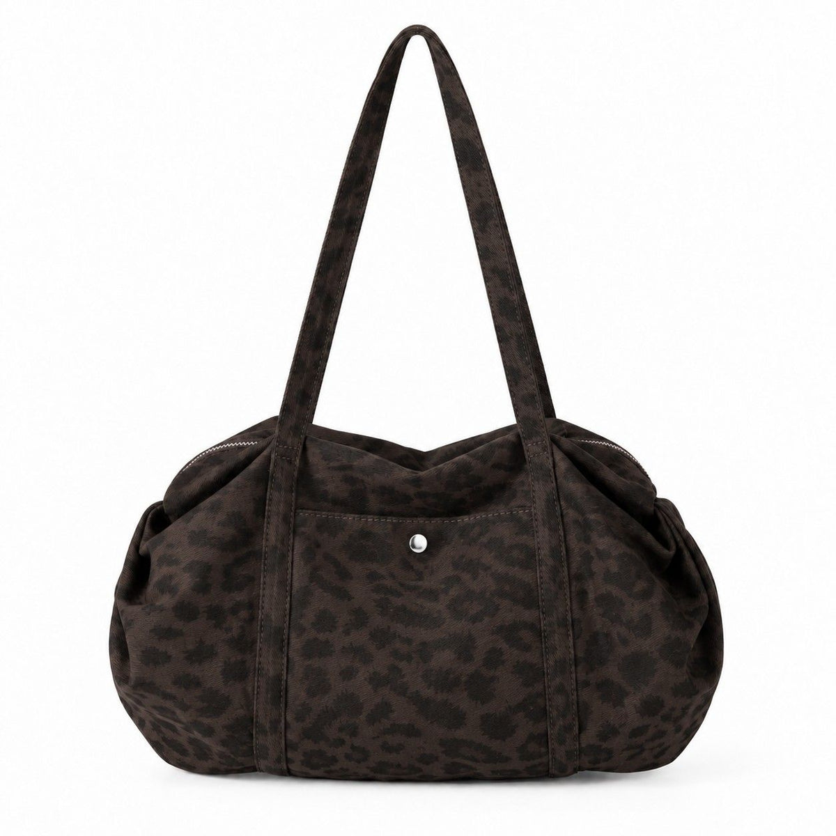 Leopard Print Barrel Shoulder Bag with Zip Closure and Interior Pockets