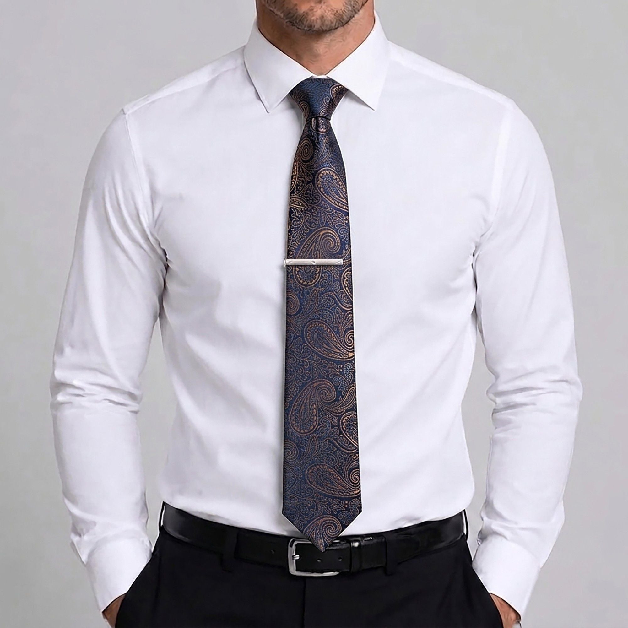 Men's Paisley Floral Tie Gift Set with Matching Pocket Square Cufflinks and Silver Tie Clip