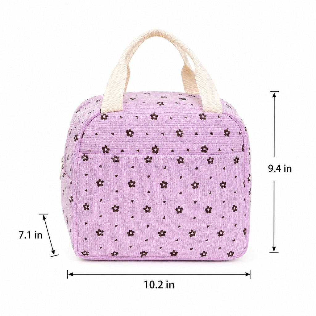 Floral Corduroy Insulated Lunch Tote Bag with Front Pocket and Zip Closure