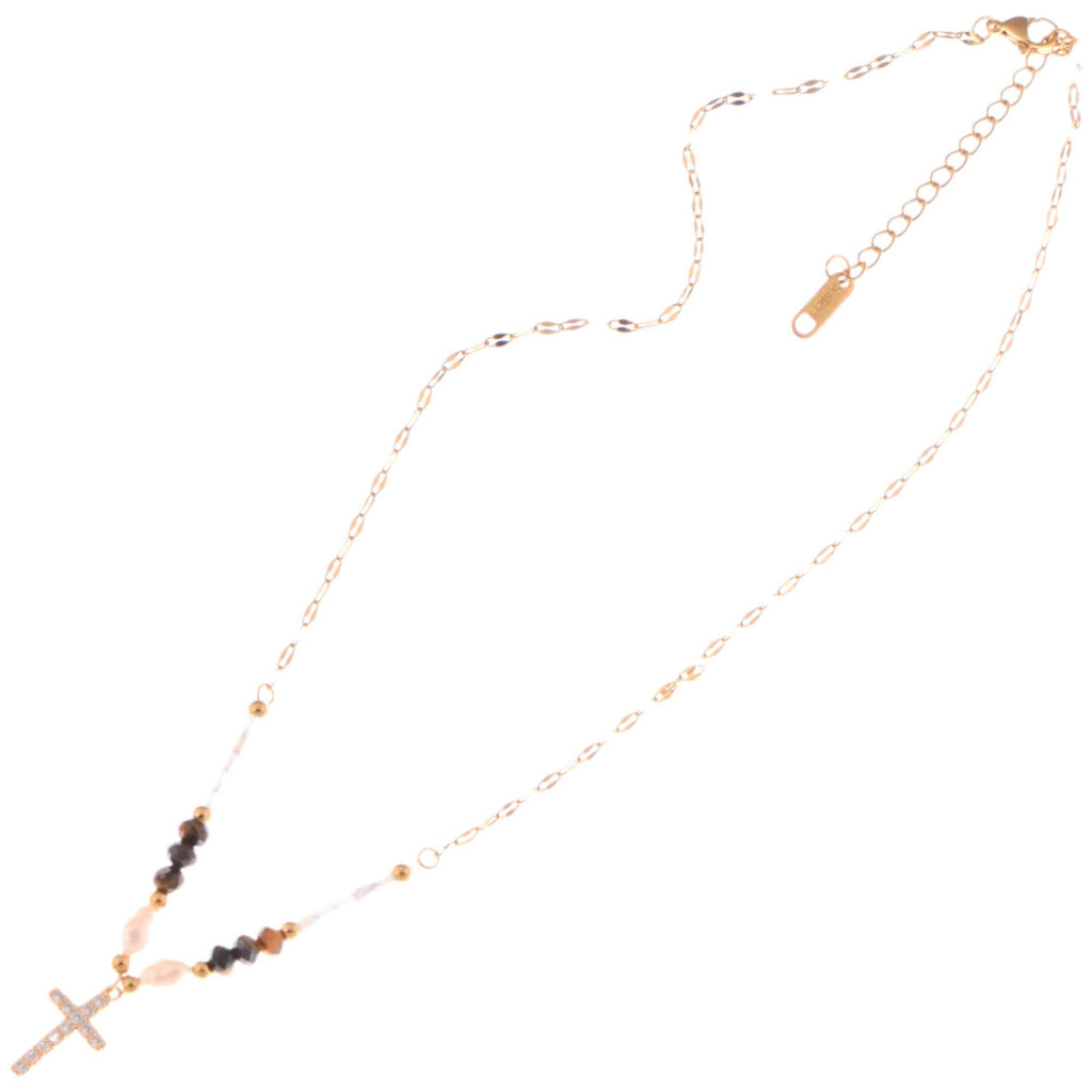 Beaded Cross Pendant Fashion Necklace with Faceted Stones and Gold Chain