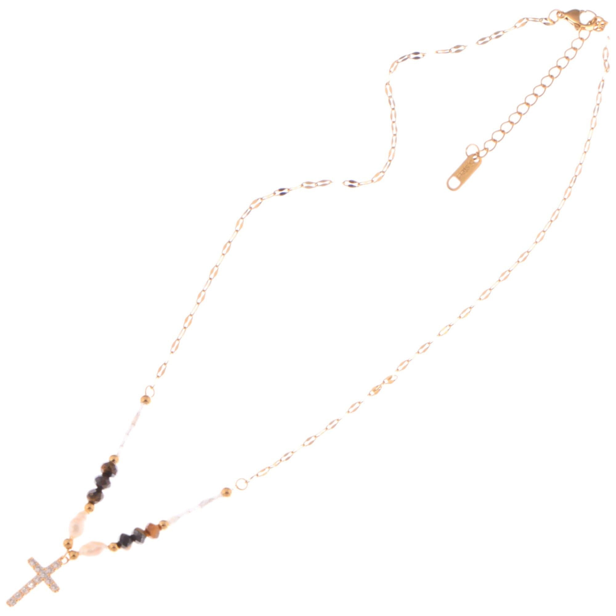 Beaded Cross Pendant Fashion Necklace with Faceted Stones and Gold Chain