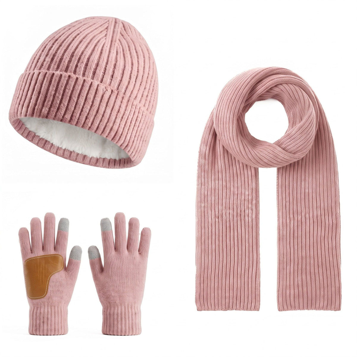 3 Piece Ribbed Knit Beanie Scarf and Touchscreen Gloves Set