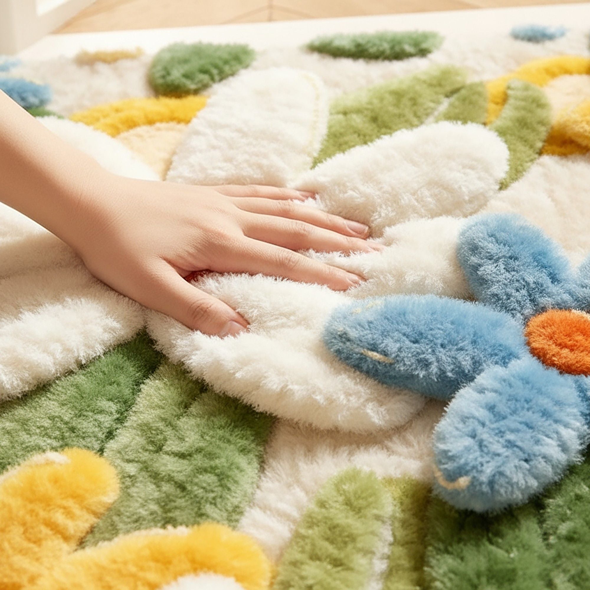 Tufted Floor Mat with Cute Animal and Sunflower Design Non Slip Backing Soft Plush Decorative Rug