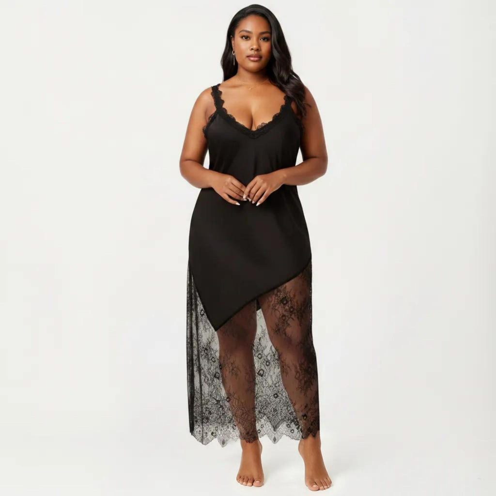 Anna-Kaci Lounge Women's Plus Size Lace Trim Slip Dress Asymmetrical Hem Sheer Mesh Nightgown Sleepwear
