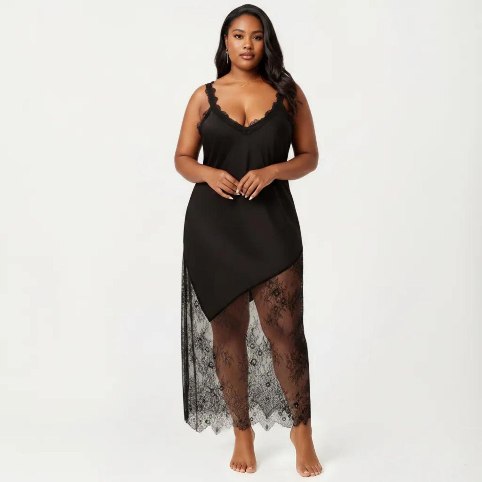 Anna-Kaci Lounge Women's Plus Size Lace Trim Slip Dress Asymmetrical Hem Sheer Mesh Nightgown Sleepwear