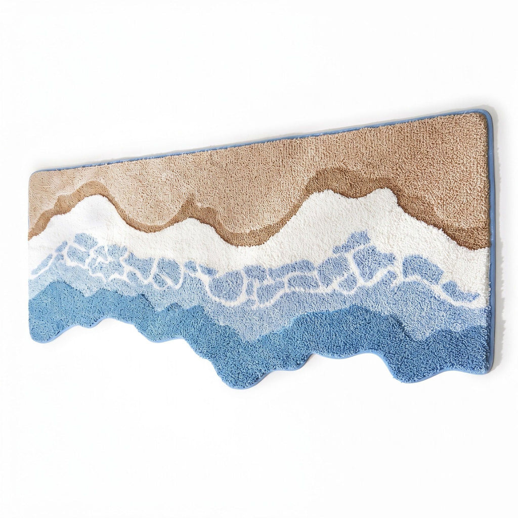 Abstract Ocean Wave Plush Bathroom Mat with Irregular Scalloped Edge