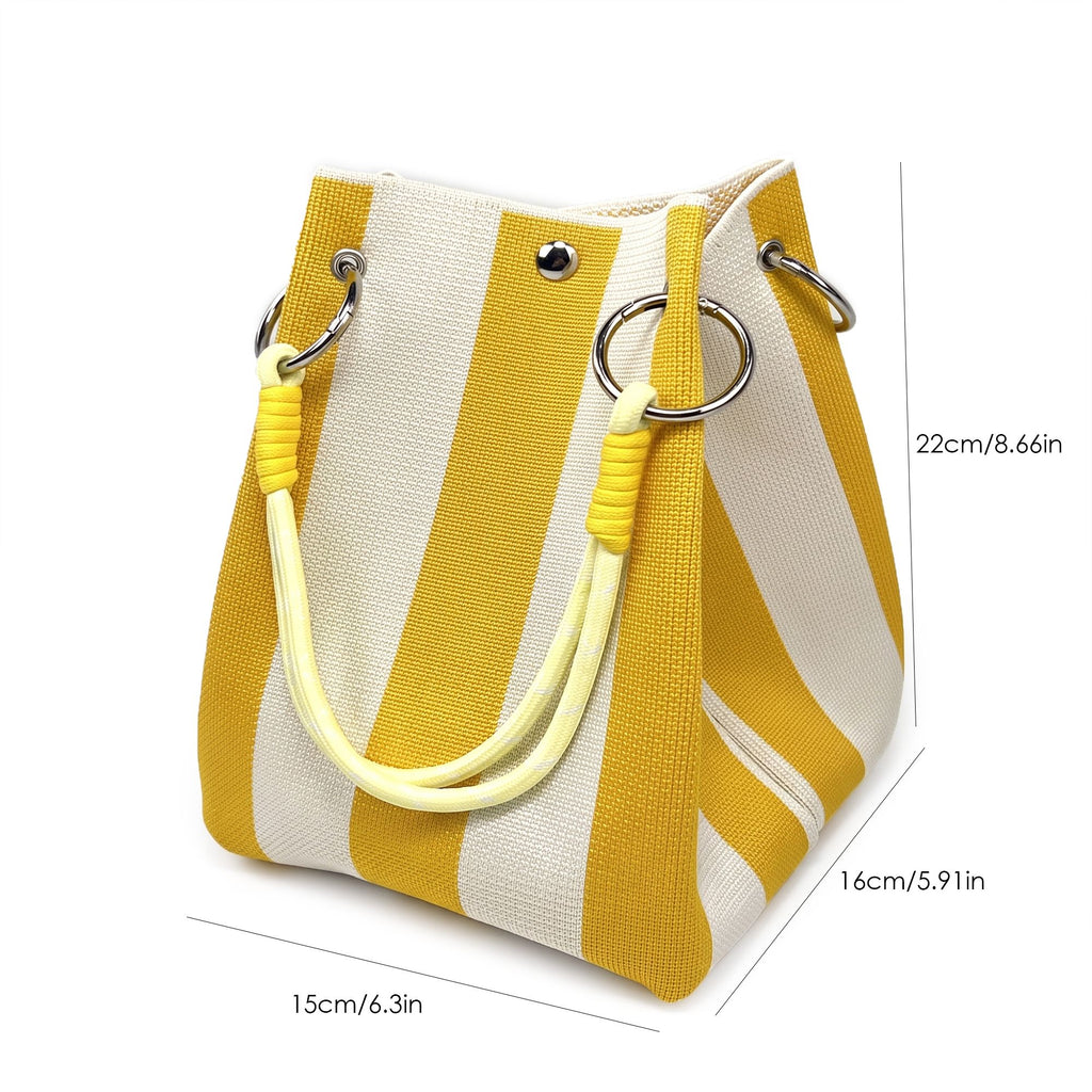 Small Striped Knit Bucket Bag with Rope Handles and Snap Closure