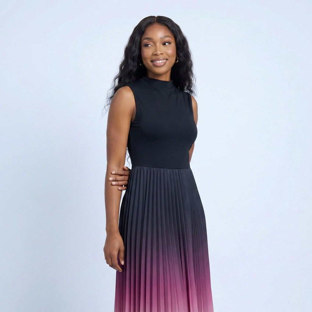 Anna-Kaci Women's Sleeveless High Neck Pleated Ombre A-Line Maxi Dress with Flowy Skirt
