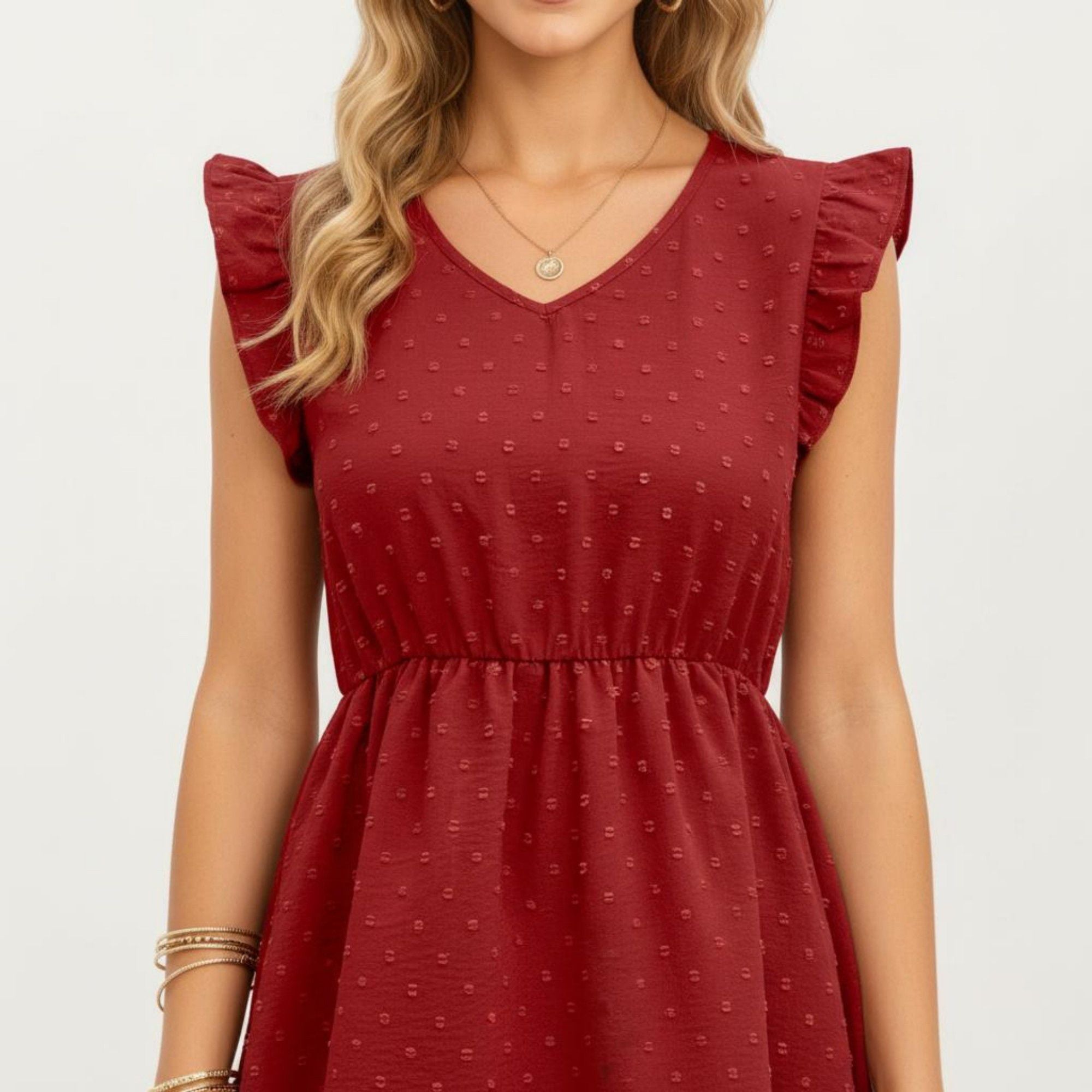 Anna-Kaci Women's Swiss Dot Babydoll Dress with Ruffle Sleeves and V-Neckline