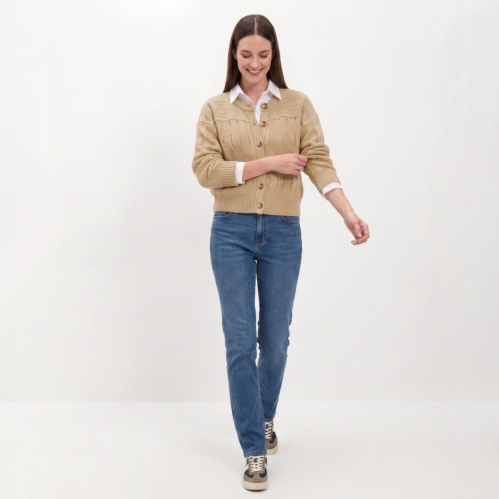 Wavy Pointelle Button-Front Long Sleeve Knit Cardigan
