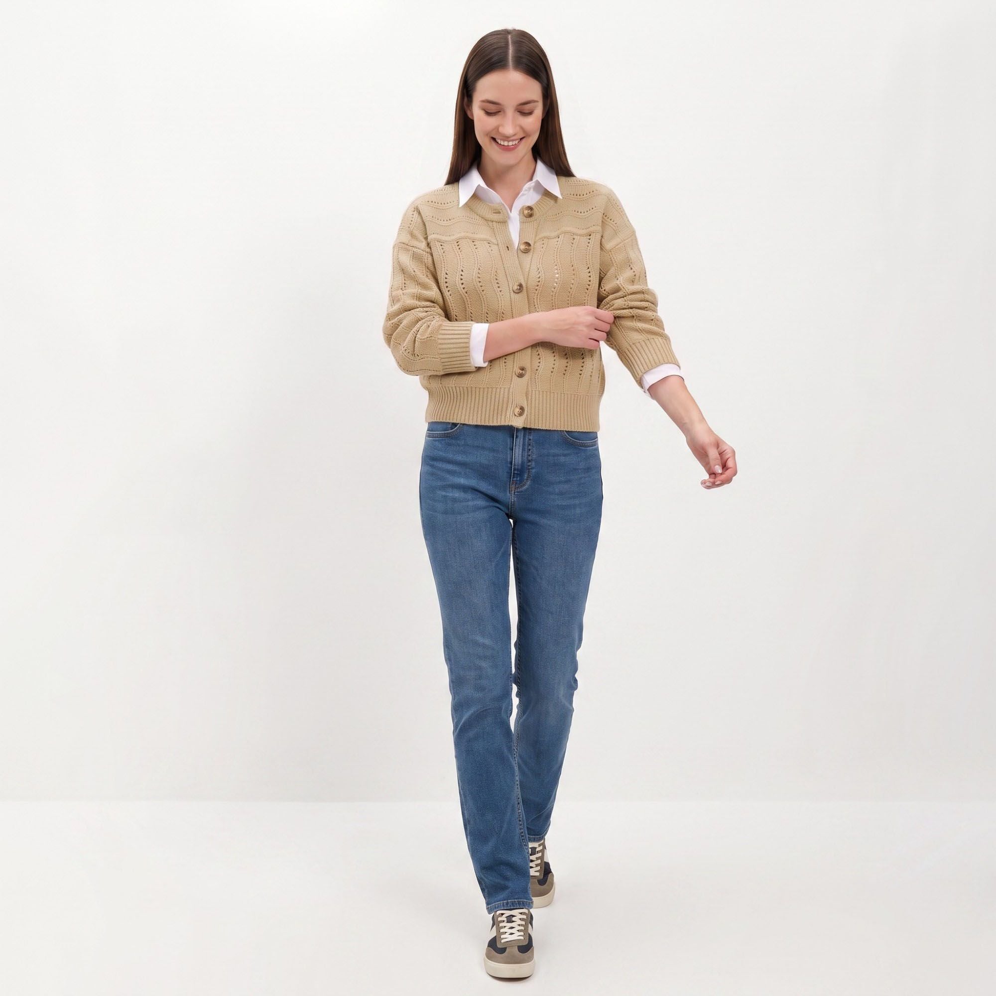 Wavy Pointelle Button-Front Long Sleeve Knit Cardigan
