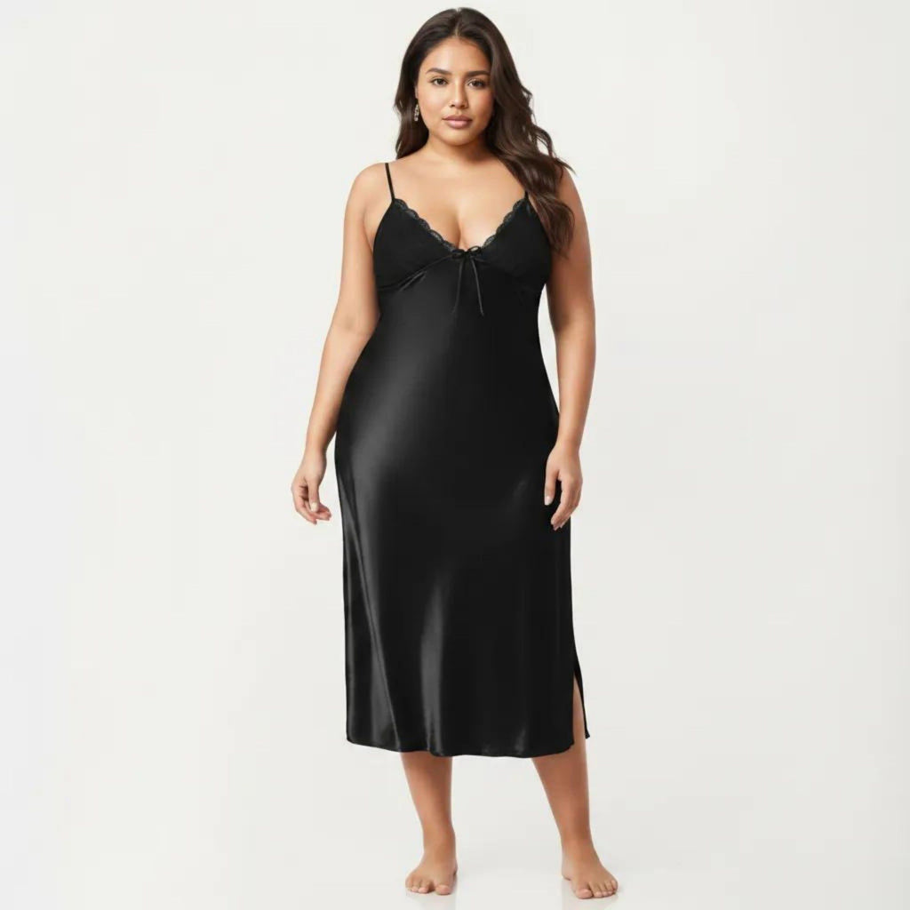 Anna-Kaci Lounge Women's Plus Size Satin Chemise Nightgown with Lace Trim Neckline Adjustable Straps Side Slit Slip Dress
