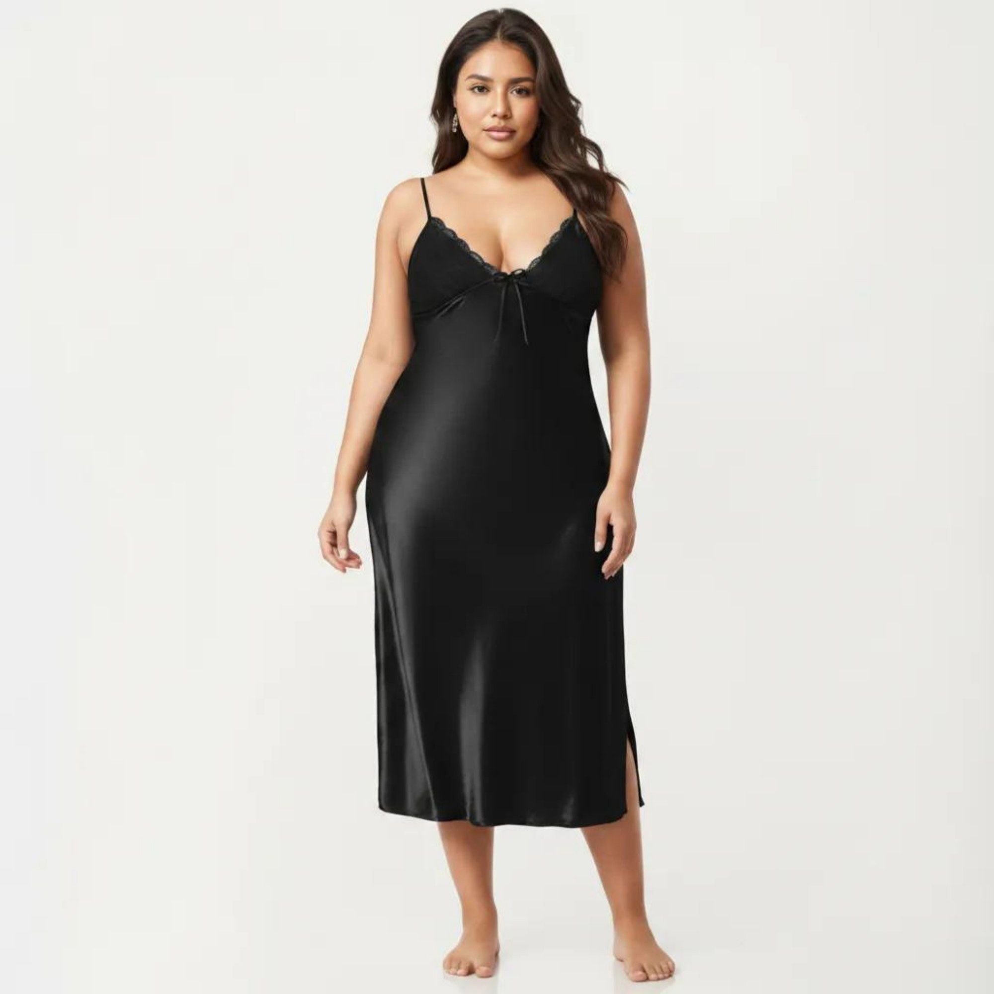 Anna-Kaci Lounge Women's Plus Size Satin Chemise Nightgown with Lace Trim Neckline Adjustable Straps Side Slit Slip Dress