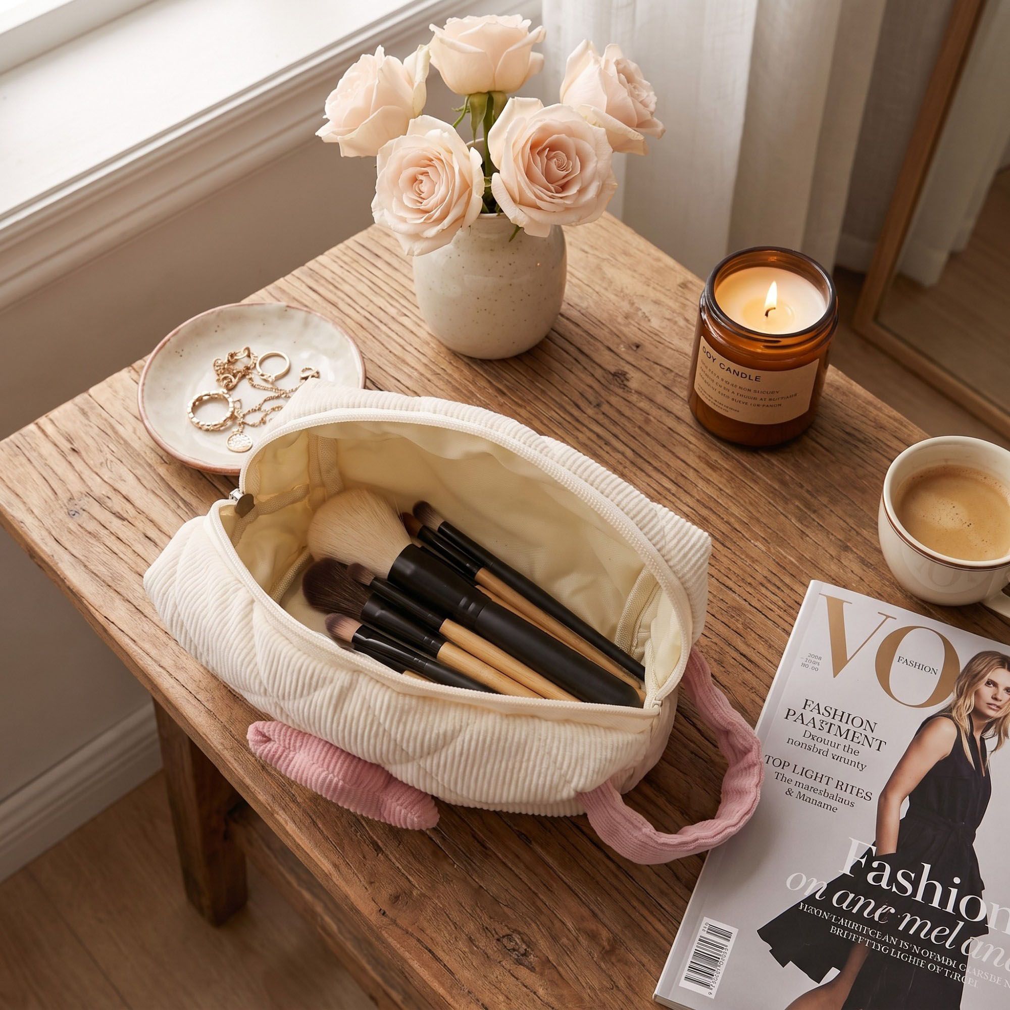 Quilted Corduroy Flower Cosmetic Bag with Top Handle