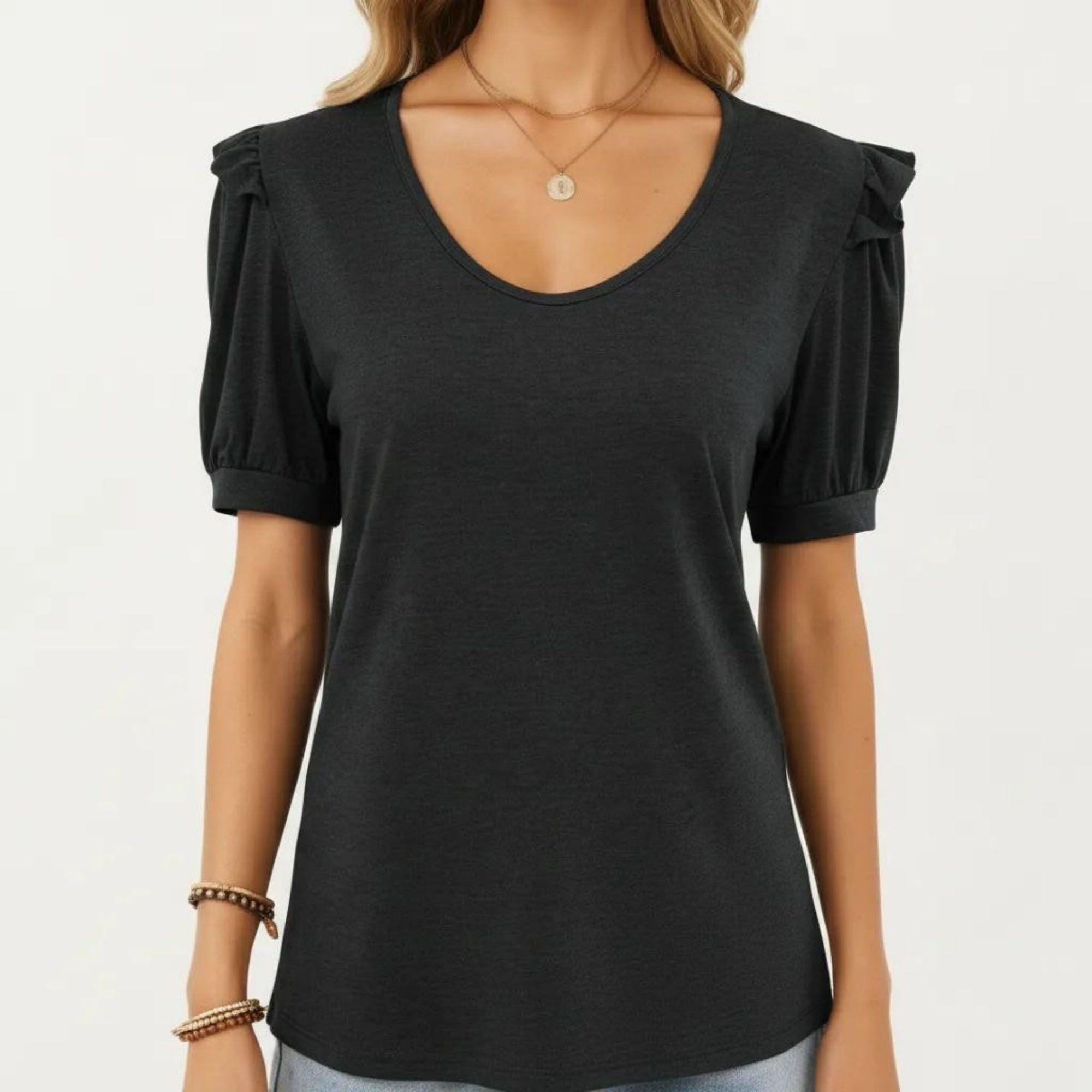 Anna-Kaci Women's Short Puff Sleeve Top with Scoop Neck Textured Knit Relaxed Fit Casual Shirt