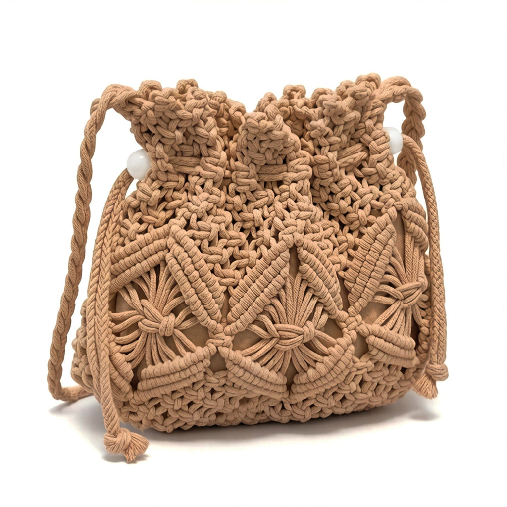 Macrame Bucket Bag Knotted Rope Handbag Drawstring Shoulder Bag Textured Woven Crossbody Style Lightweight Boho Purse