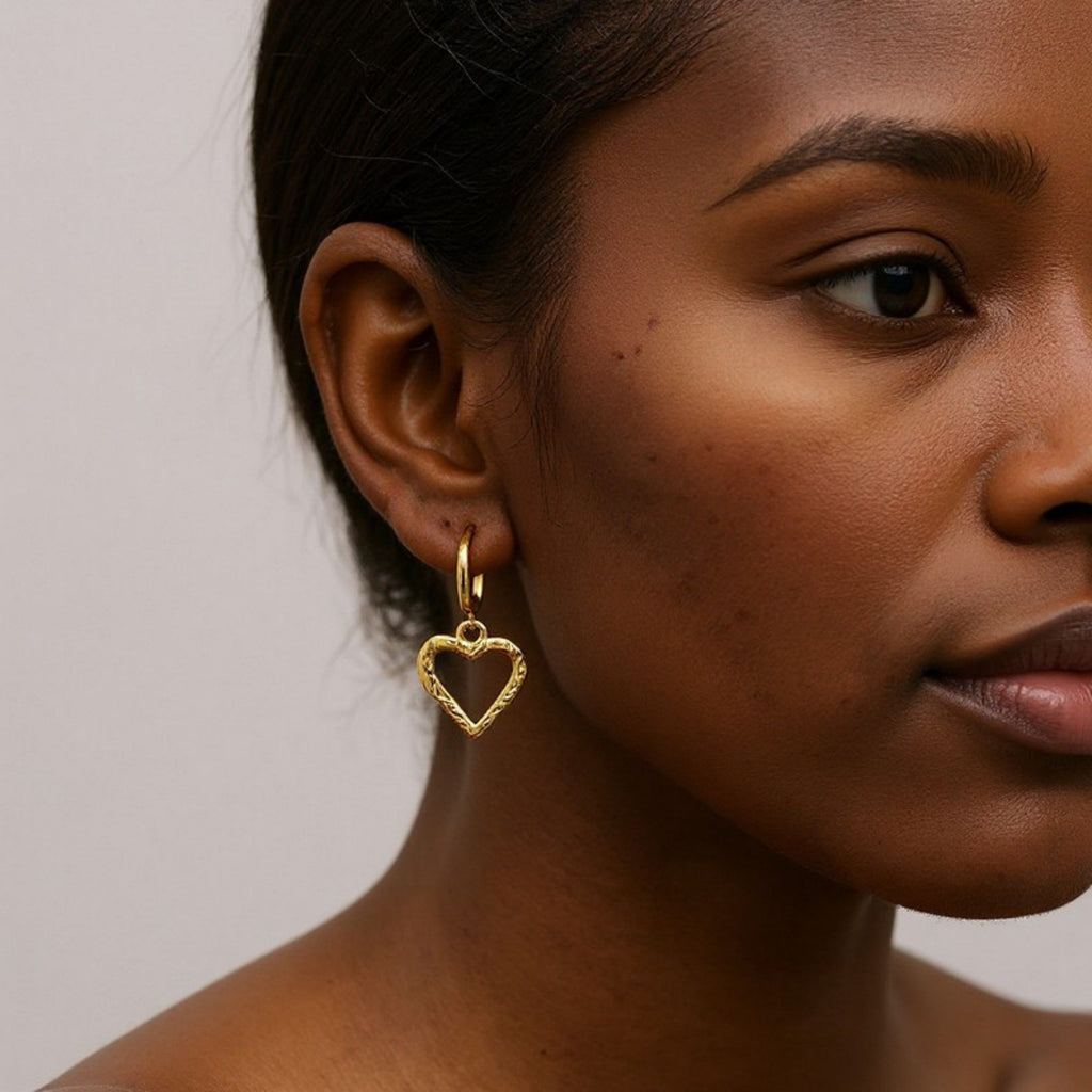 Heart Drop Hoop Earrings with Textured Open Heart Charm Feminine Jewelry