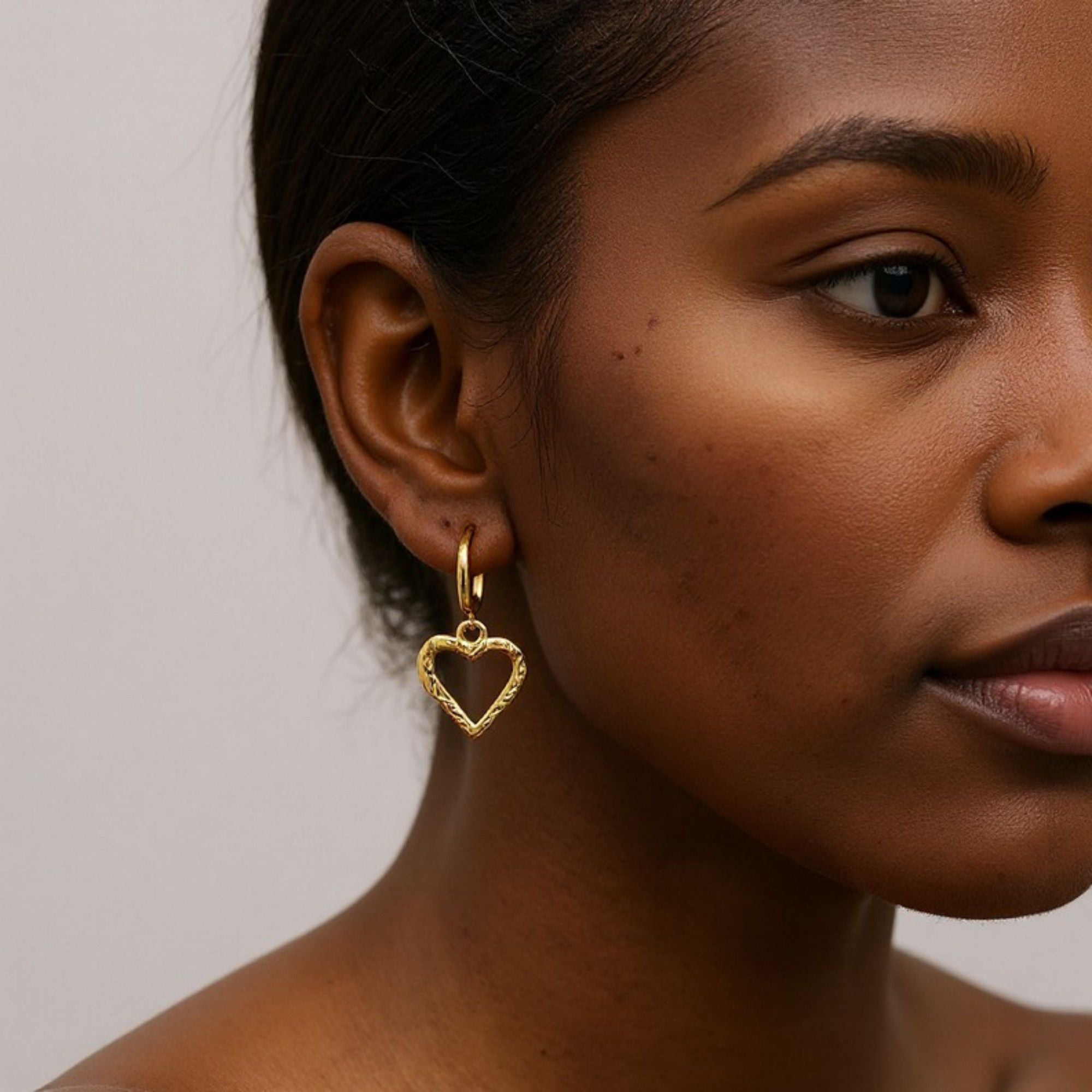 Heart Drop Hoop Earrings with Textured Open Heart Charm Feminine Jewelry