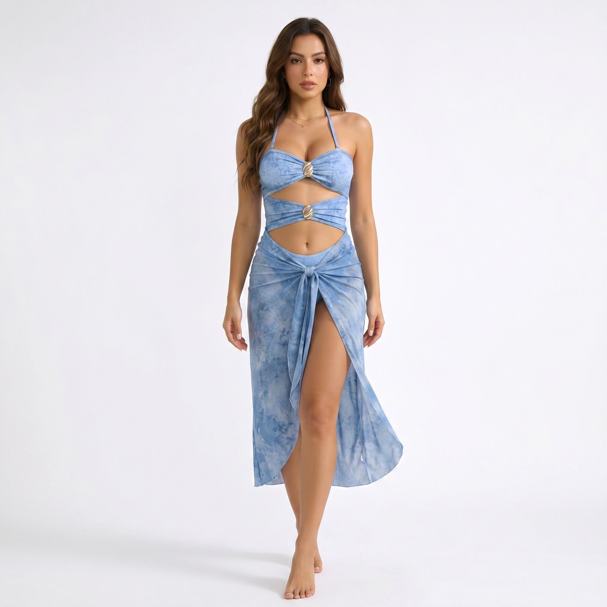 Anna-Kaci Swim Women's 2-Piece Halter Cutout One Piece Swimsuit with Tie Front Wrap Skirt
