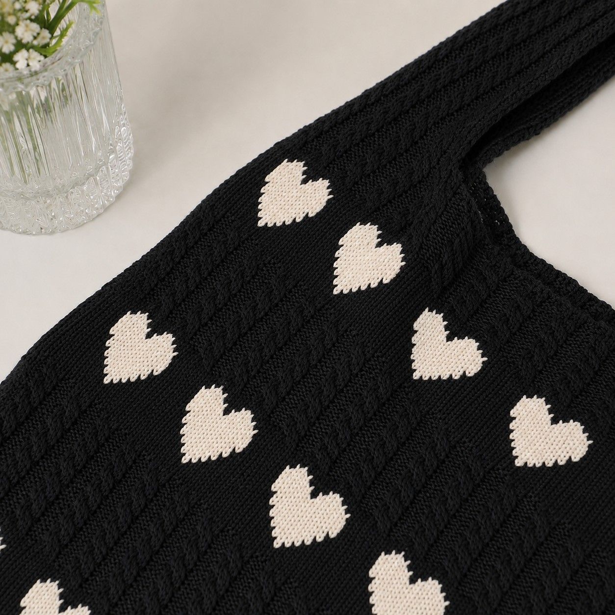 Knitted Heart Tote Bag Large Capacity Casual Shoulder Bag Lightweight Daily Bag