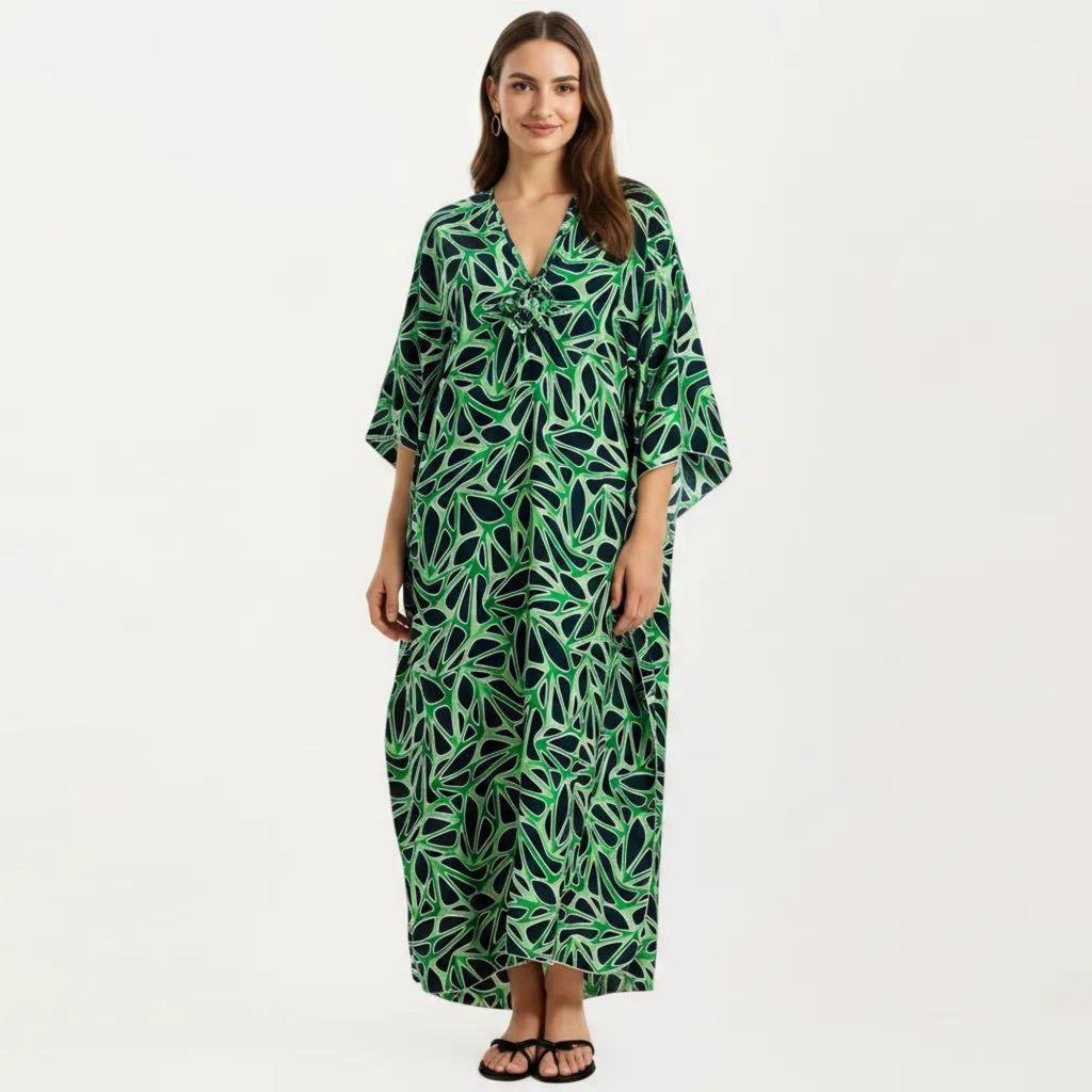 Anna-Kaci Women's Floral Print Kaftan Maxi Dress with V-Neck Button Front and Flowy Batwing Sleeves