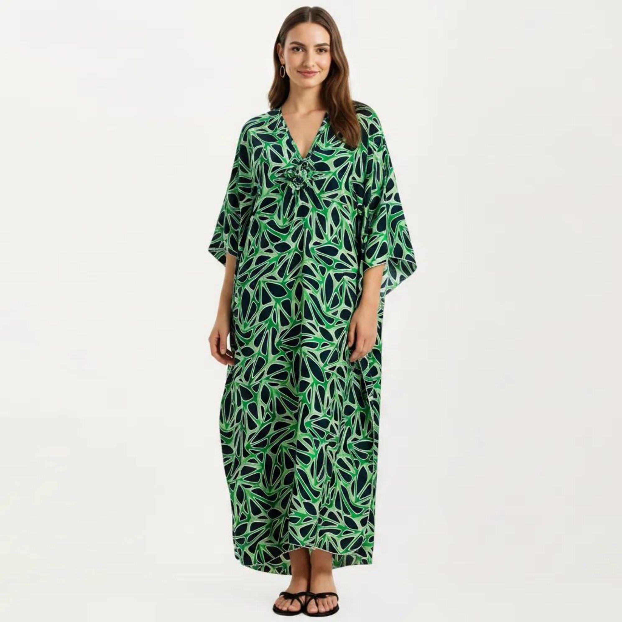 Anna-Kaci Women's Floral Print Kaftan Maxi Dress with V-Neck Button Front and Flowy Batwing Sleeves