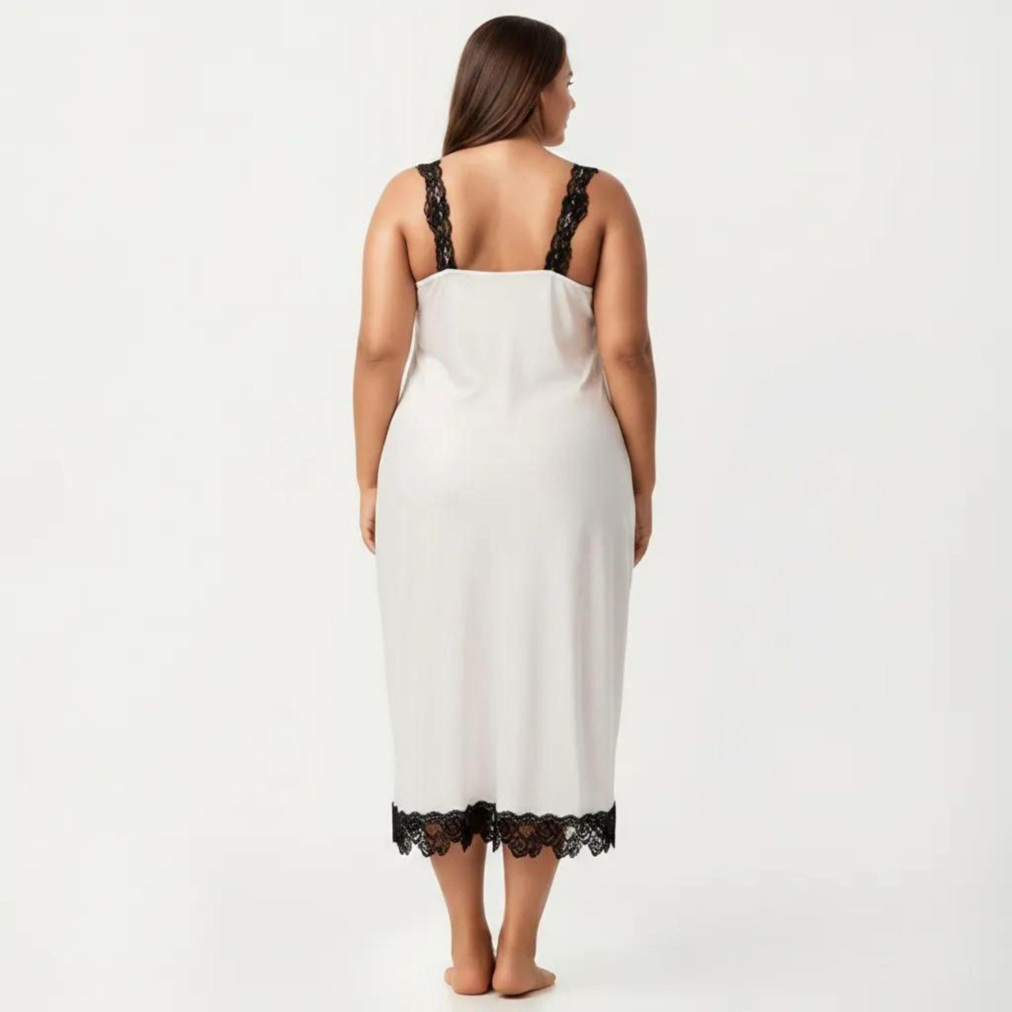Anna-Kaci Lounge Women's Plus Size Long Satin Chemise Lace Trim Split Hem Nightgown Adjustable Strap Slip Dress