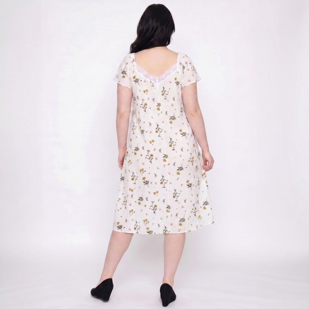 Floral Midi Nightgown Short Sleeve Lace Trim V-Neck Tie Front Sleep Dress