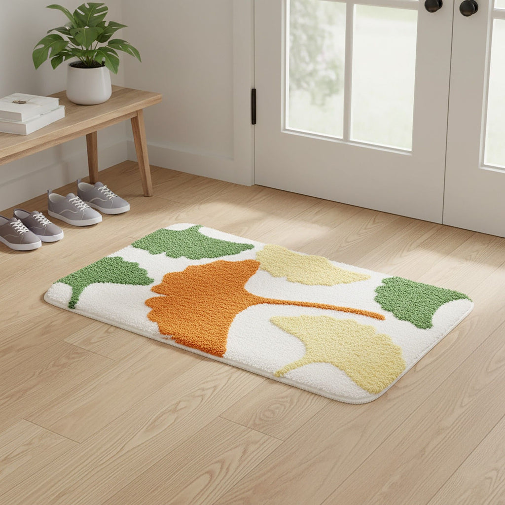 Tufted Floor Mat with Leaf Pattern Non Slip Backing Soft Plush Decorative Indoor Entryway Bathroom Rug