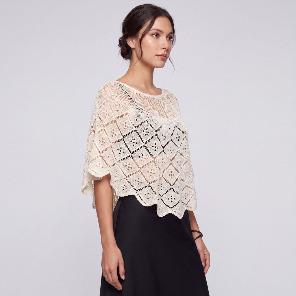 Crochet Openwork Poncho Capelet with Round Neck, Draped Short Sleeves and Scalloped Hem 11.8*39.3In