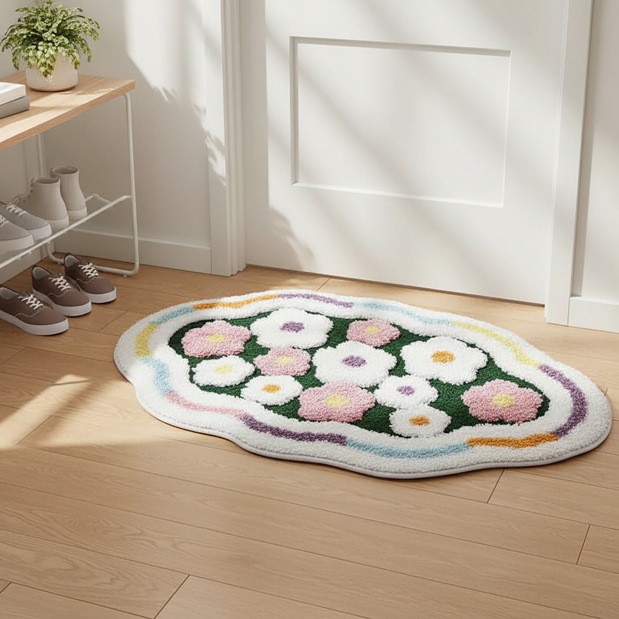 Tufted Floor Mat with Happy Text and Floral Pattern Non Slip Backing Soft Plush Decorative Scalloped Edge Indoor Rug