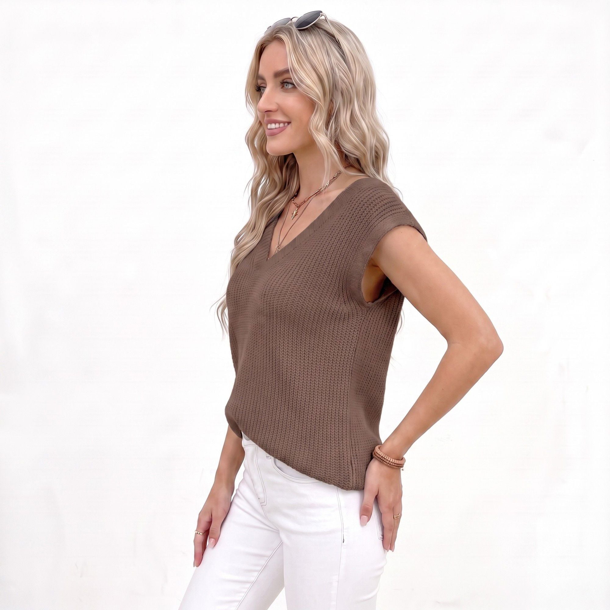Anna-Kaci Women's V Neck Sweater Vest Sleeveless Textured Knit Pullover Top