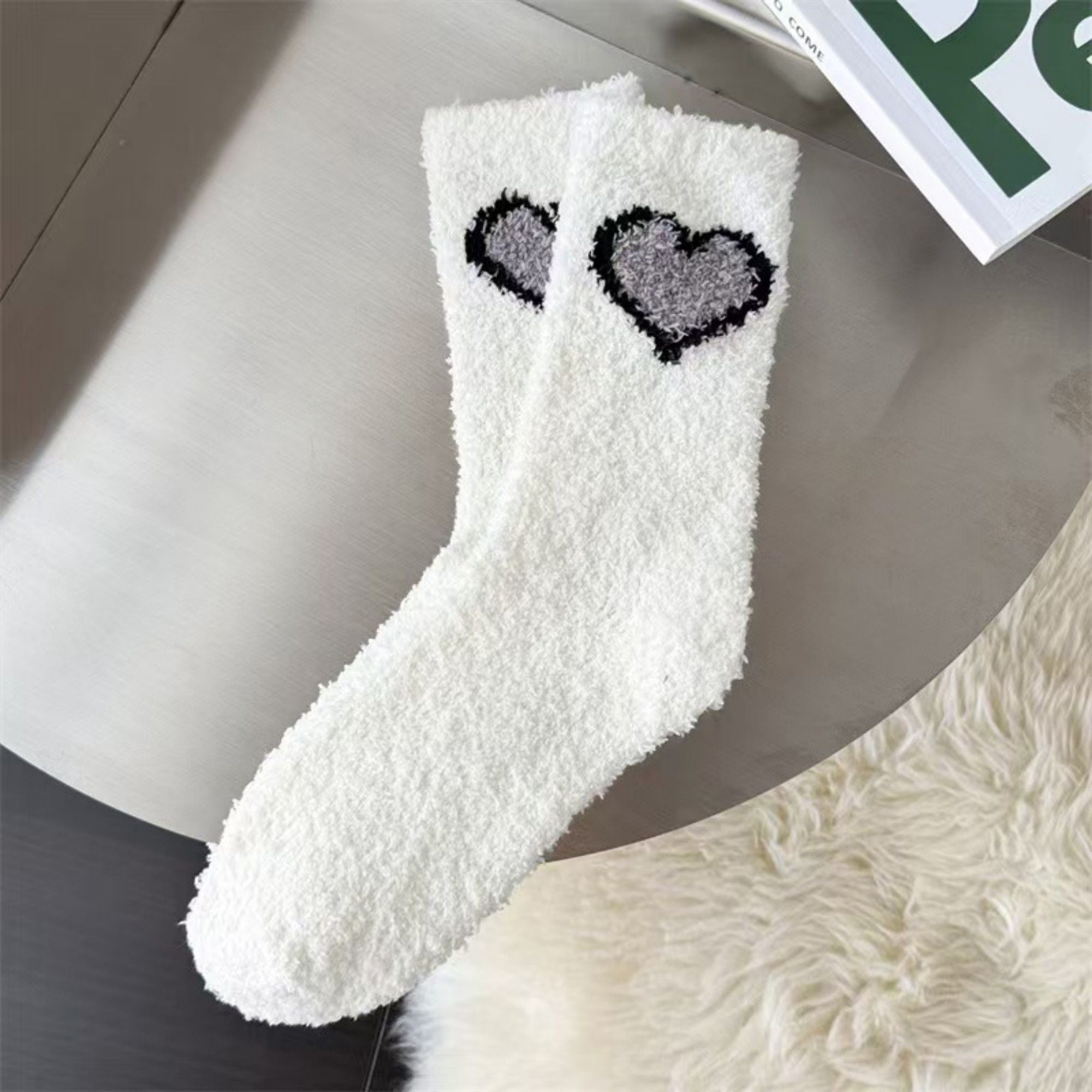 Anna-Kaci 3-Pair Fuzzy Valentine Heart Knit Crew Socks Set with Soft Plush Texture, Stretchy Cozy Fabric, and Cute Heart Accent for Gifting