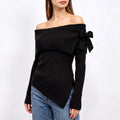 Off Shoulder Bow Asymmetrical Knit Sweater