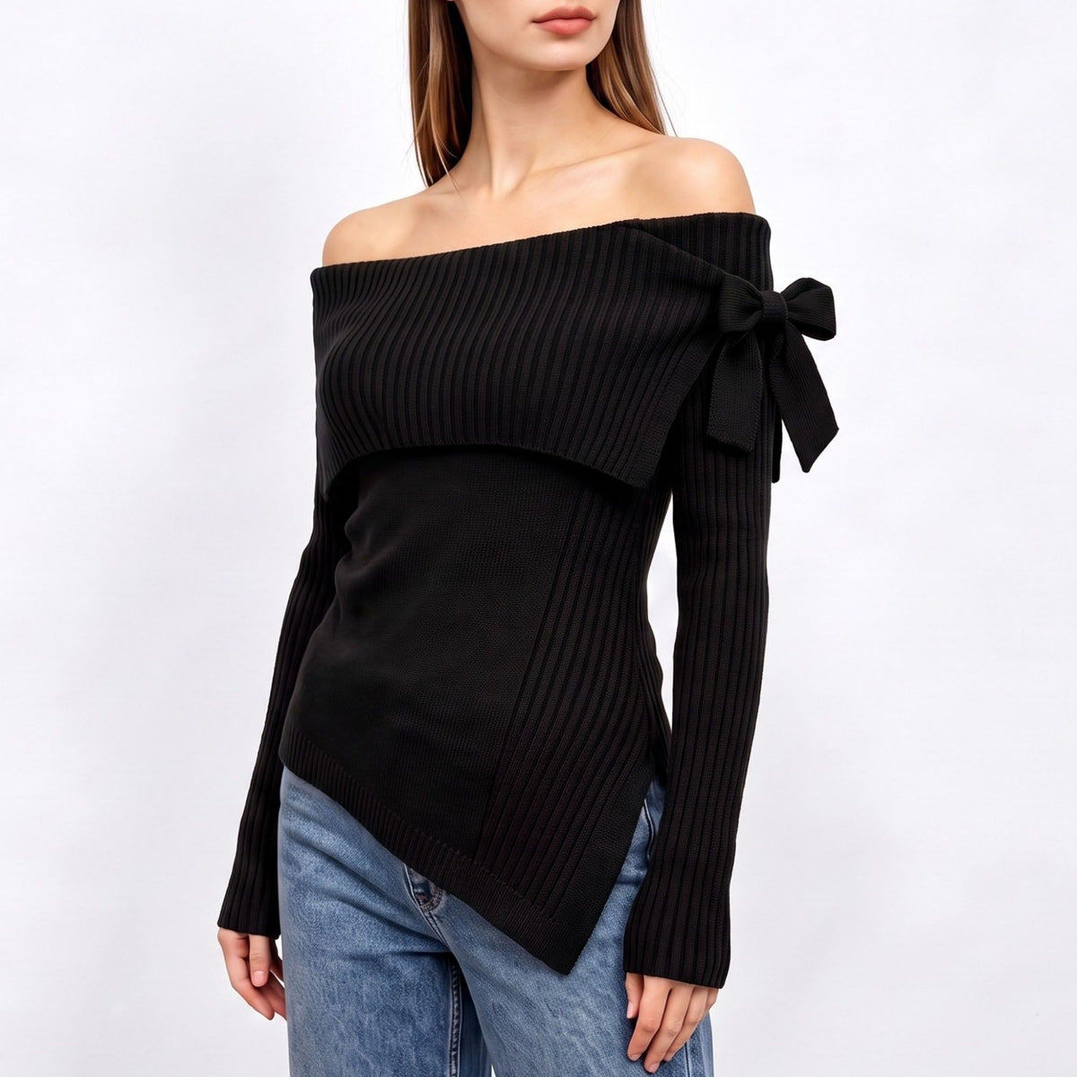 Off Shoulder Bow Asymmetrical Knit Sweater
